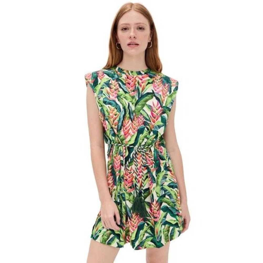 Farm Rio Green TShirt Jersey Mini Dress Small Rope Belt Botanical Resortear Boho